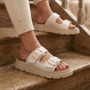 bele kožne papuče ravne