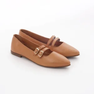 Tamno bež kožne ženske baletanke sa kaiševima Invento S260151