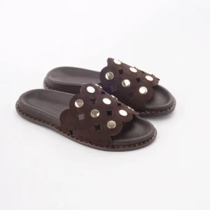 Braon kožne ženske papuče sa zlatnim detaljima Invento S260927