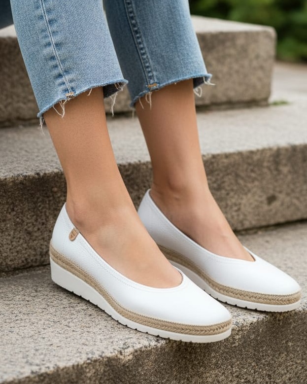 Bele ženske kožne espadrile na ortoped petu Tati Blanco
