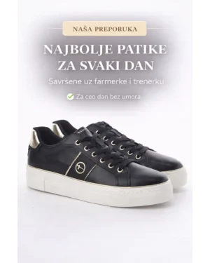 Ženske crne patike sa belim đonom i zlatnim detaljima – moderne patike za svaki dan