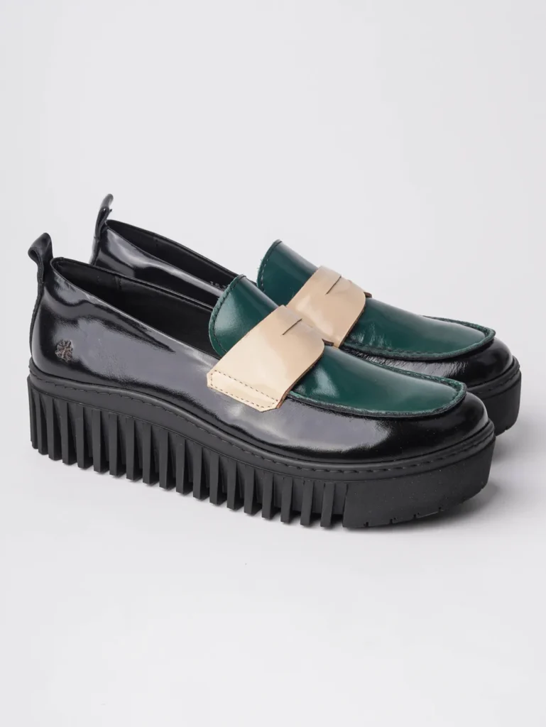 Crne/zelene/bež ženske lakovane mokasine 1530S